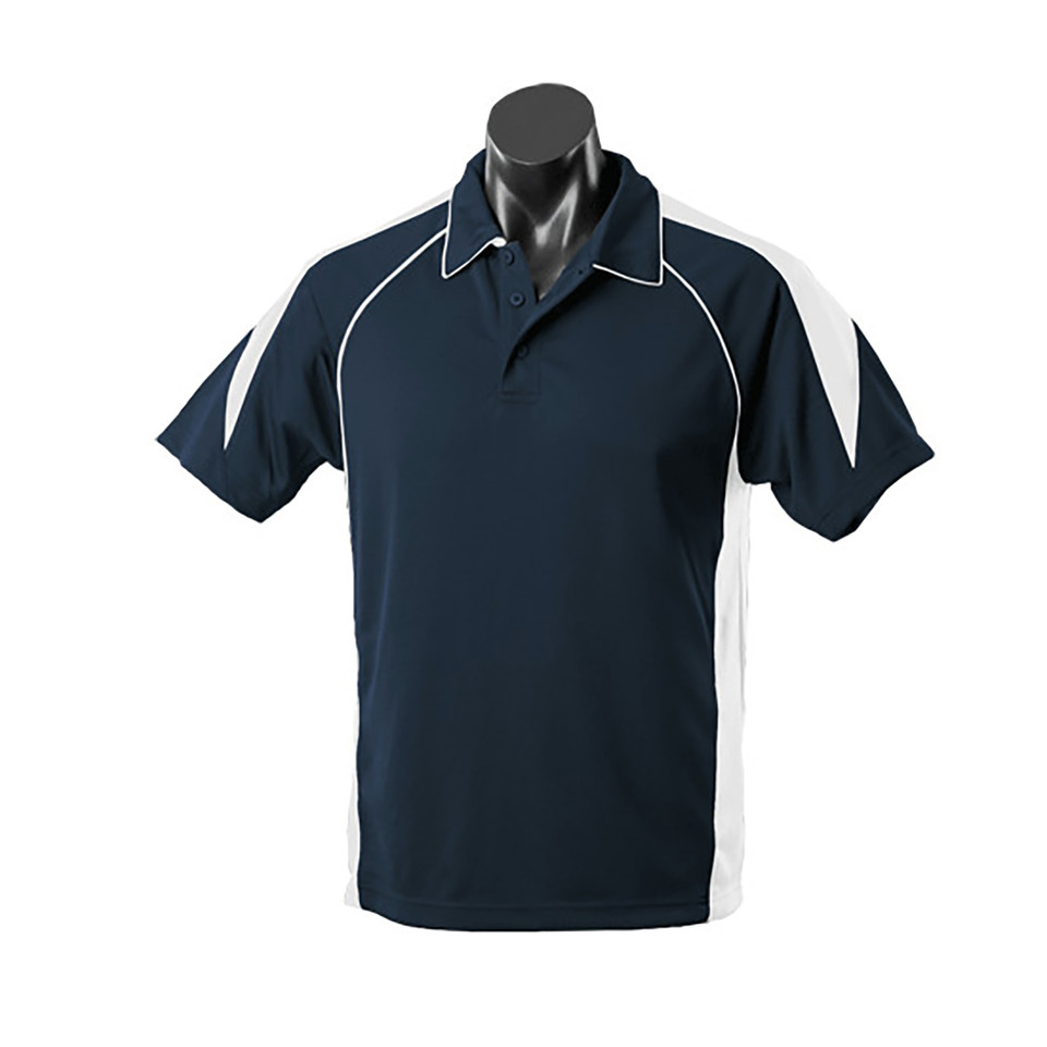 Navy+White Plain Piper men's sport polo shirt in mini-waffle knit, featuring contrast piping and panels, with quick-dry, moisture-wicking, and anti-bacterial fabric for team uniforms.
