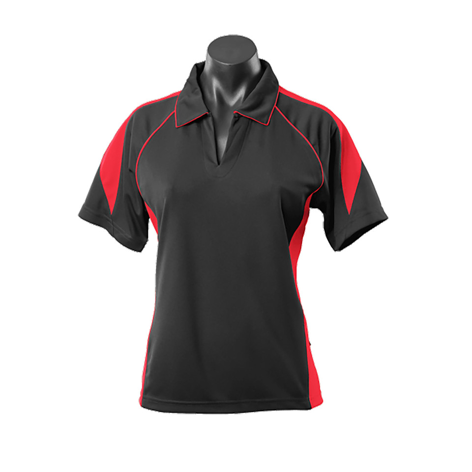 Ladies polo shirt in charcoal with red contrast panels and piping detail on shoulders and sides