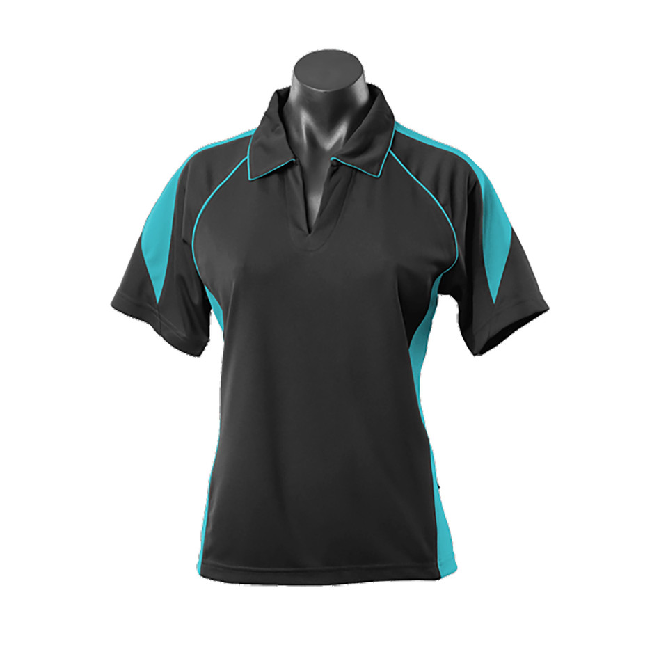 Charcoal ladies sports polo with turquoise contrast panels and piping detail