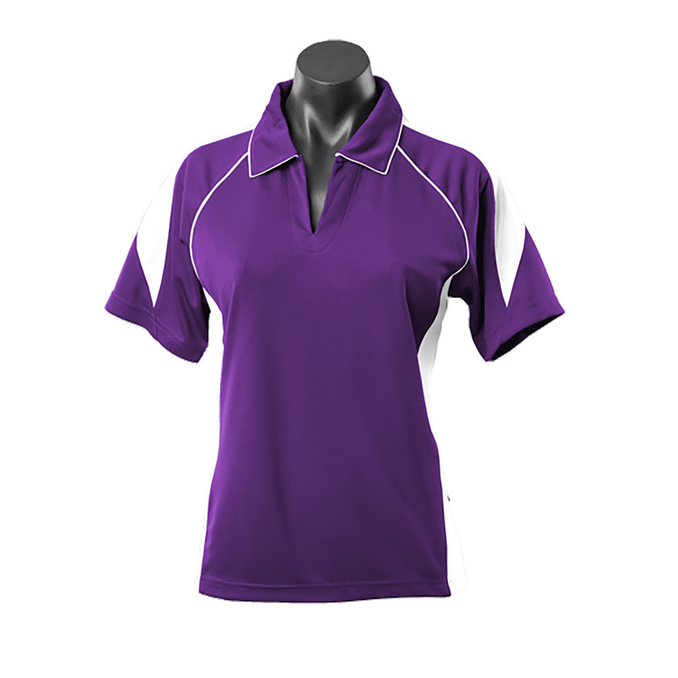 Purple ladies polo shirt with white contrast piping and side panels