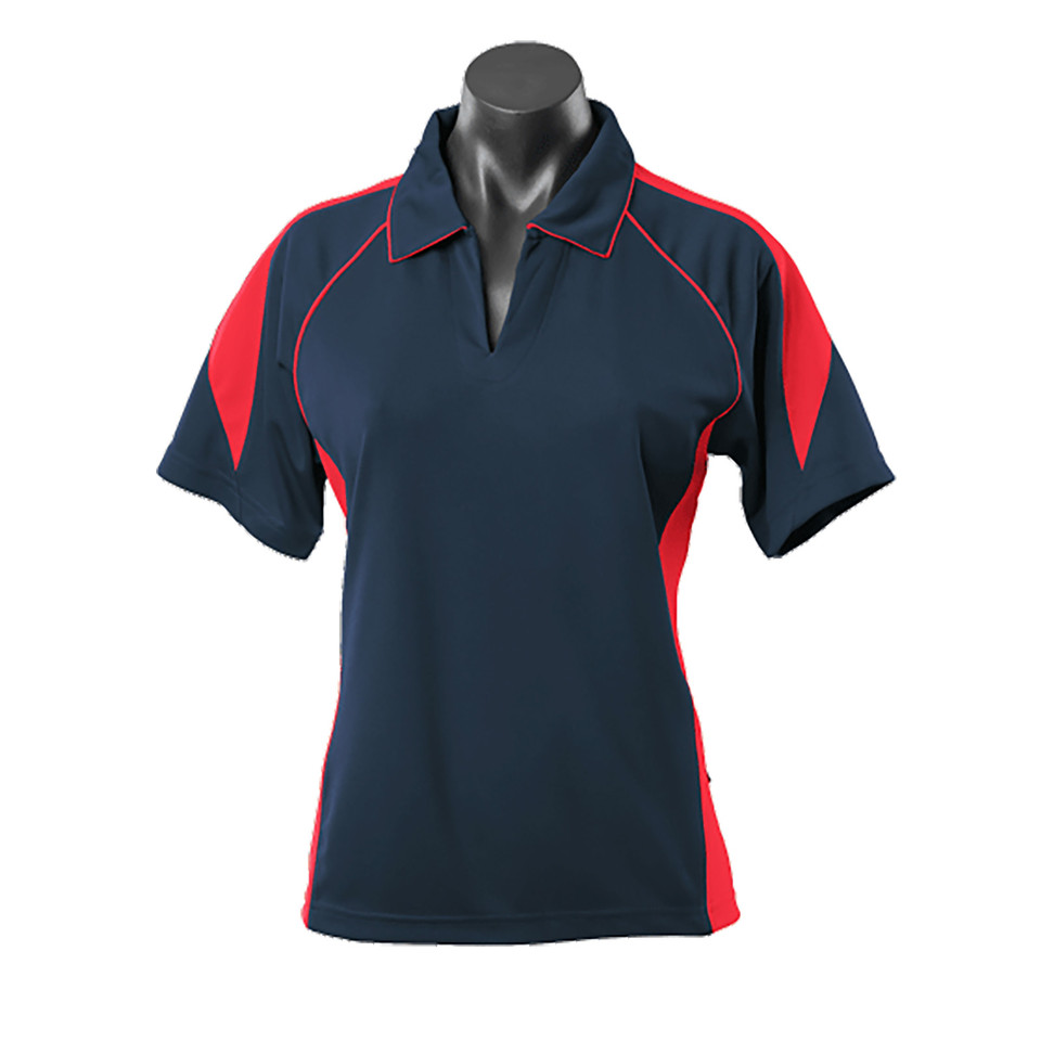 Navy ladies polo shirt with red contrast side panels and piping detail on collar and raglan sleeves