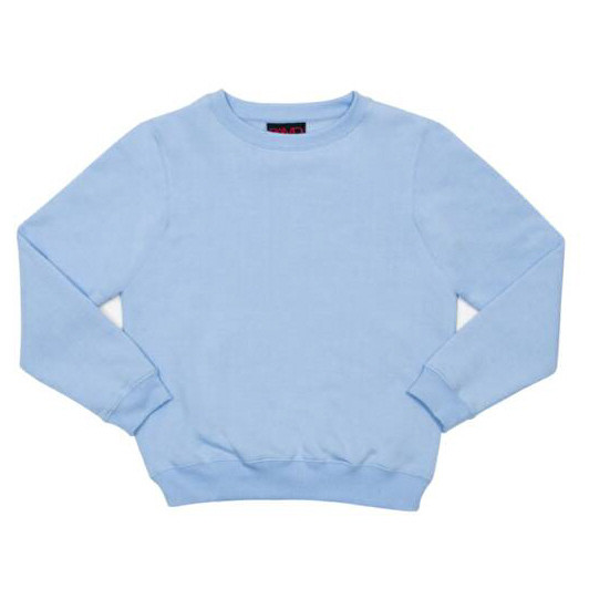 Light blue crew neck sweatshirt with ribbed cuffs and hem, flat lay photography