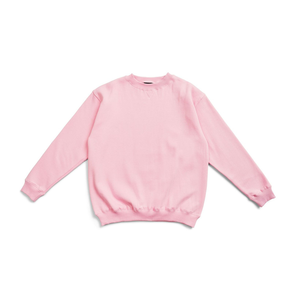 Baby pink kids crew neck sweatshirt flat lay with ribbed cuffs and hem, wide chest panel