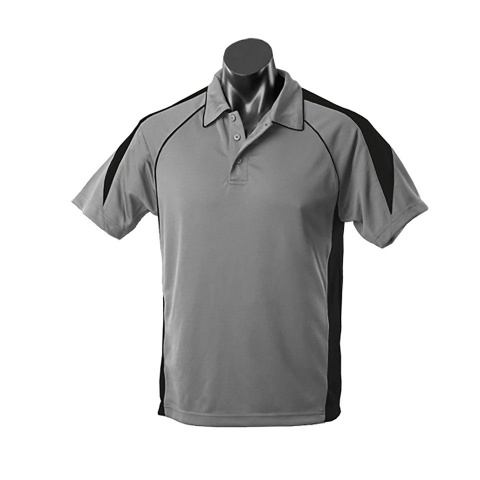 Grey polo shirt with black contrast side panels and piping detail on shoulders and sleeves