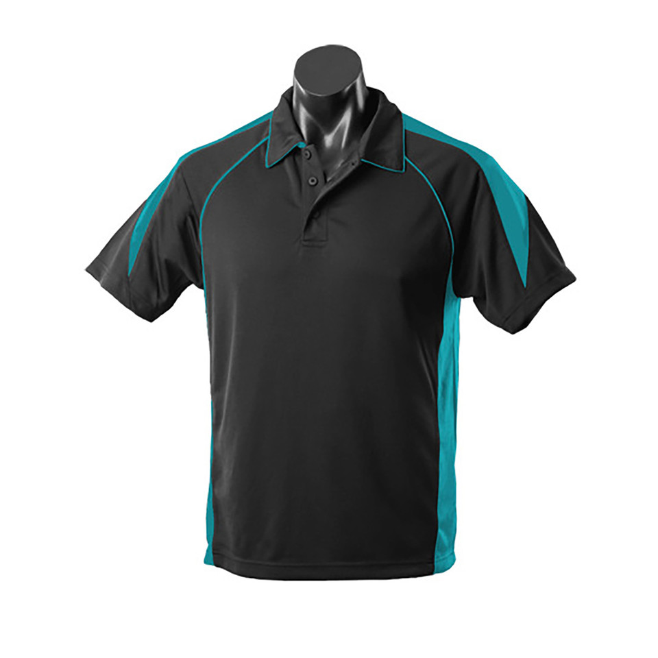 Black polo shirt with teal contrast piping and side panels, featuring collar and button placket