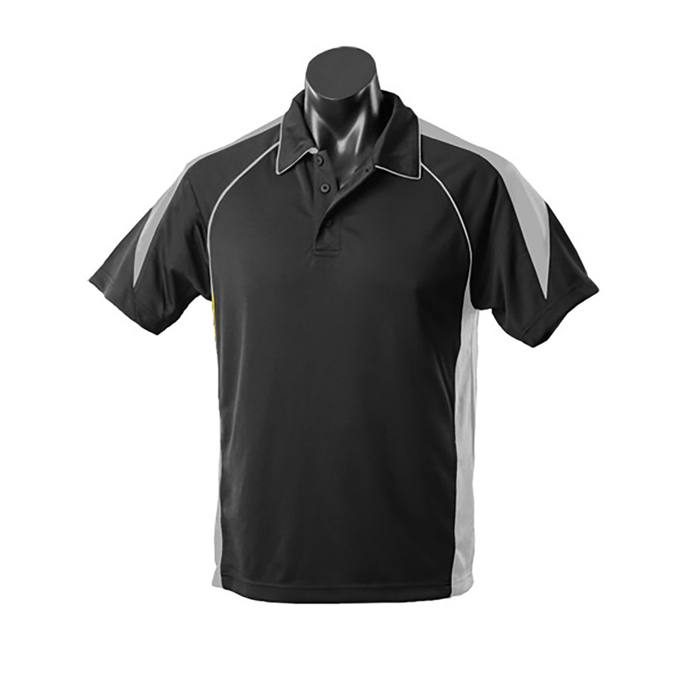 Black polo with grey contrast side panels and white piping detail on shoulders and collar