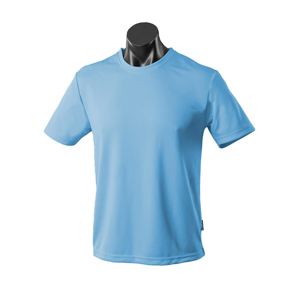 Sky blue crew neck tee with textured waffle knit fabric and short sleeves on mannequin