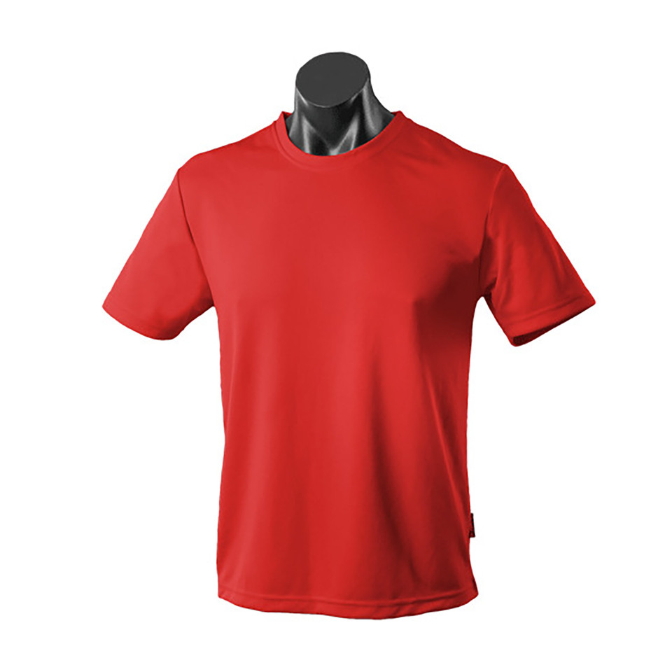 Red short sleeve crew neck polyester tee on mannequin, smooth flat front panel, side seam detail