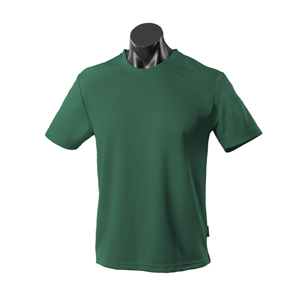 Bottle green men's crew neck short sleeve polyester tee on mannequin, smooth flat front panel