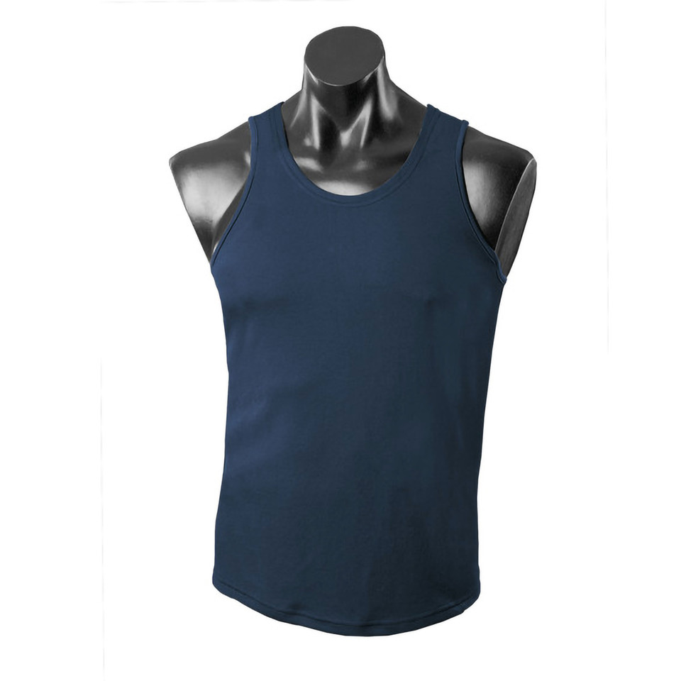 Navy blue sleeveless singlet with textured mini waffle knit fabric and rounded neckline on mannequin