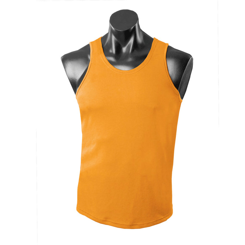 Orange sleeveless athletic singlet with mini waffle knit texture and curved hem on mannequin