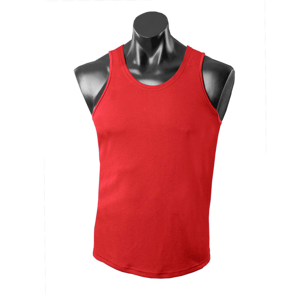 Bright red athletic singlet with mini waffle texture and contrast grey binding on a mannequin