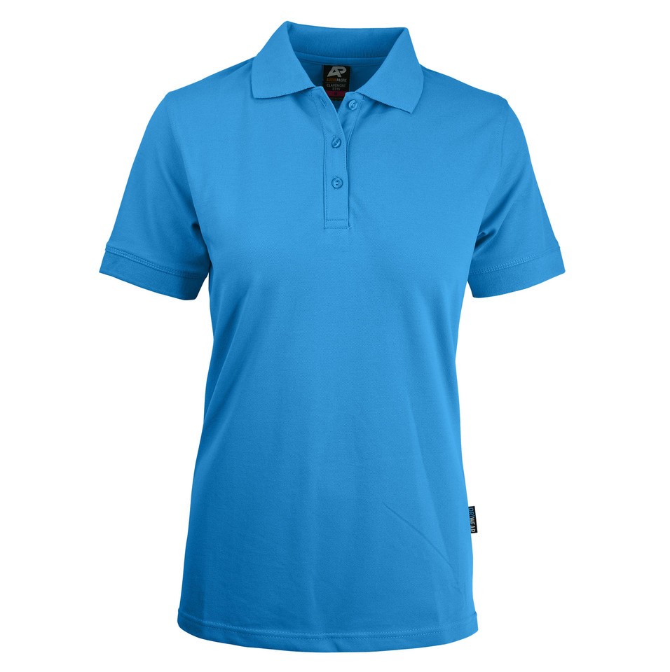 Azure blue ladies polo shirt with collar and button placket in stretch pique knit fabric