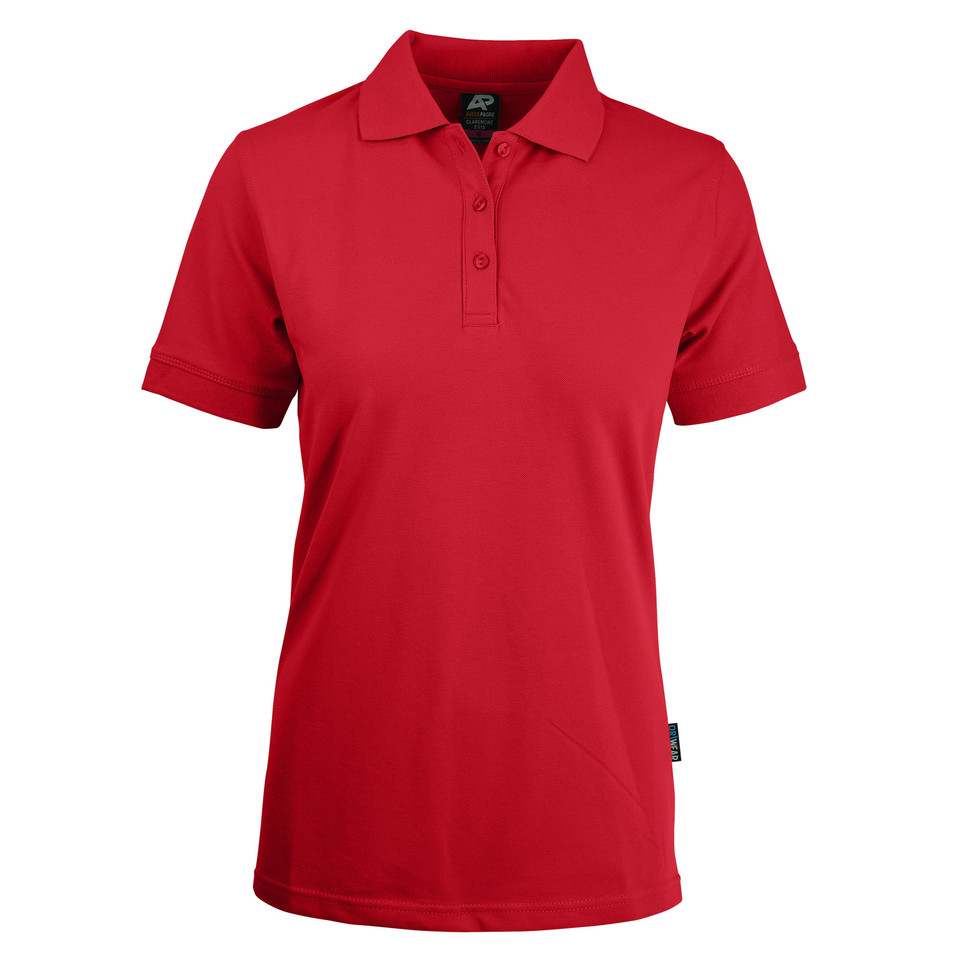Bright red women's polo shirt with collar and three-button placket in stretch pique knit fabric