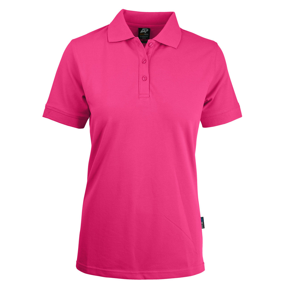 Hot pink ladies polo shirt with collar and button placket featuring smooth stretch pique knit fabric
