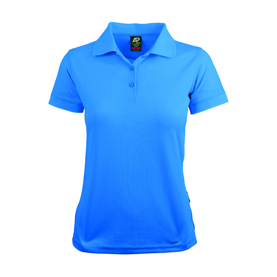 Azure blue ladies polo shirt with collar and button placket in honeycomb textured polyester fabric