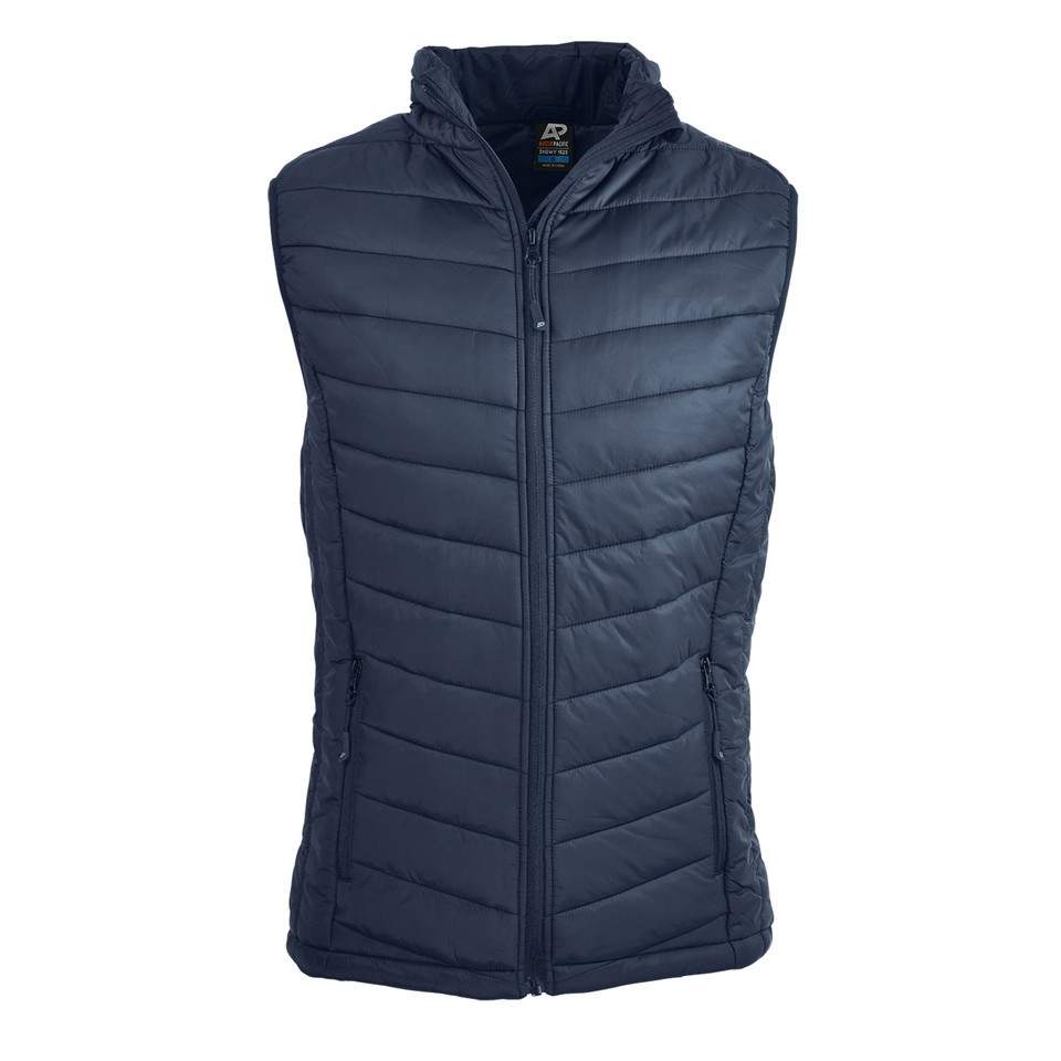 Navy quilted puffer vest with horizontal chevron stitching and full-length front zipper