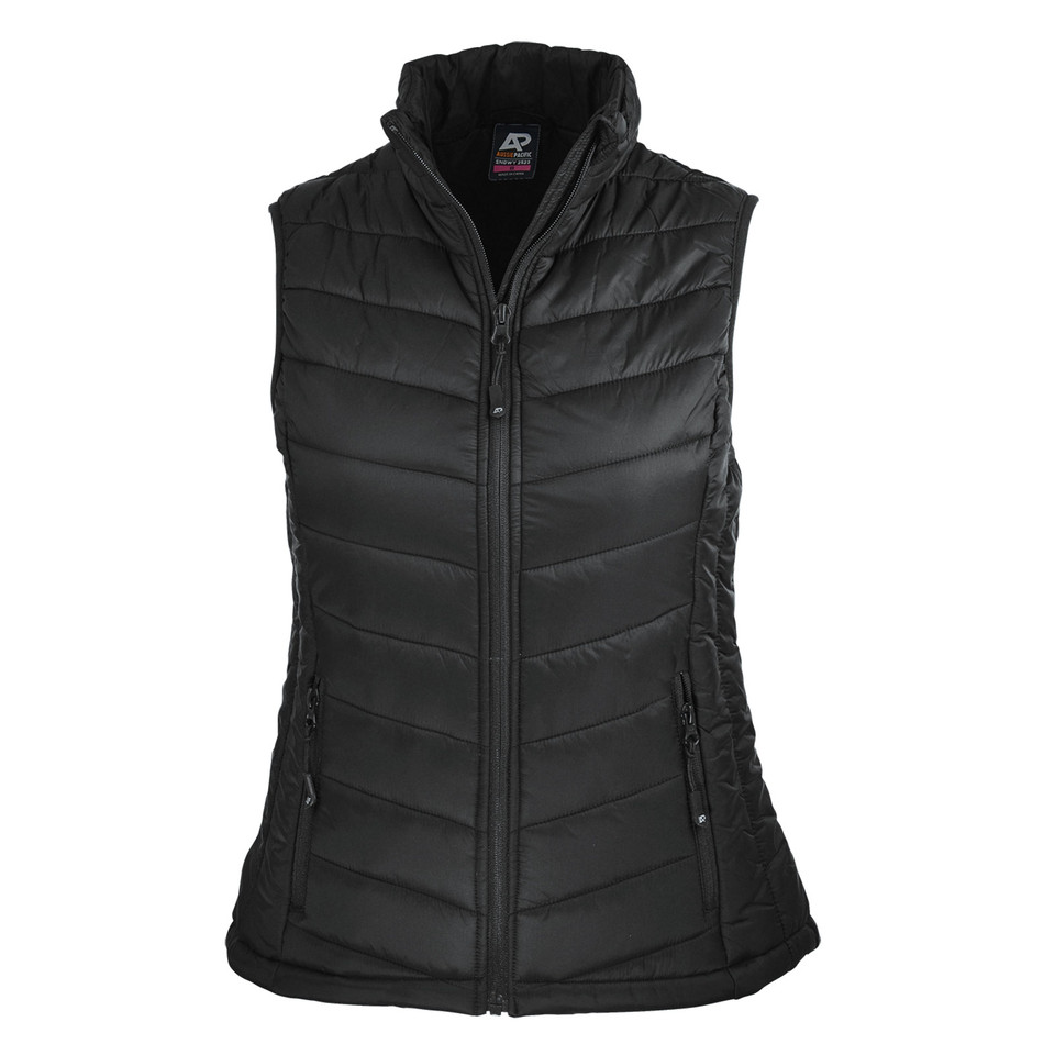 Black ladies padded vest with stand collar, centre zip, horizontal quilting and zip side pockets