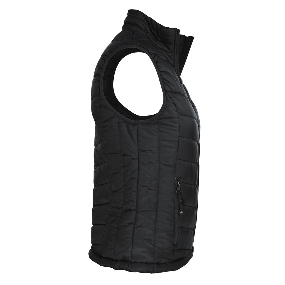 Black quilted puffer vest with high collar and side zip pocket shown in side profile