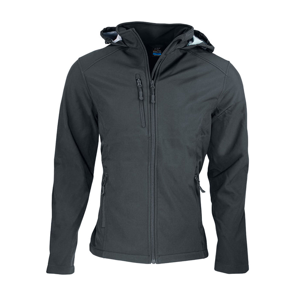 Charcoal grey softshell jacket with hood, chest pocket, and full-length zip with bonded fleece lining