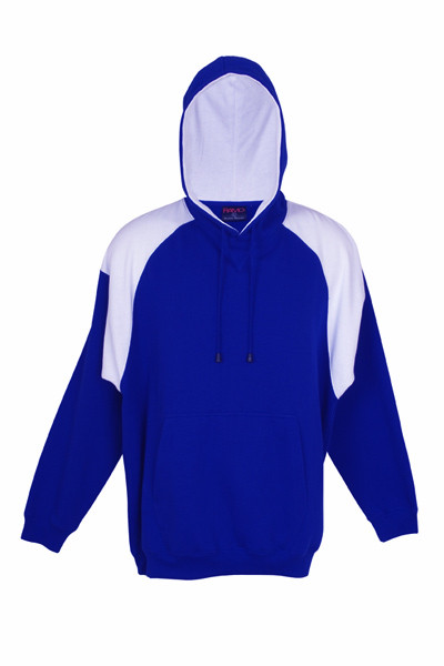 Royal blue and white raglan sleeve fleece hoodie with contrast panels and drawstring hood
