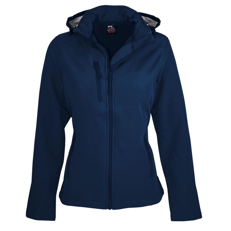 Navy blue women's hooded softshell jacket with full-length zip and bonded fleece lining