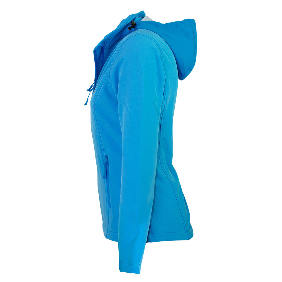 Sapphire blue softshell jacket with detachable hood and side zip pocket viewed from the side