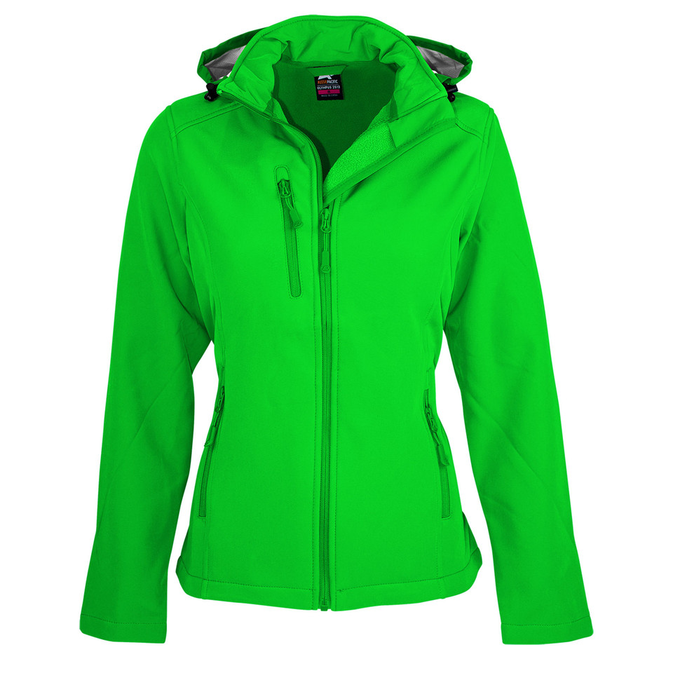 Green Omen Ladies Water Repellent Softshell Jacket with Bonded Fleece Lining, perfect for corporate or outdoor use.
