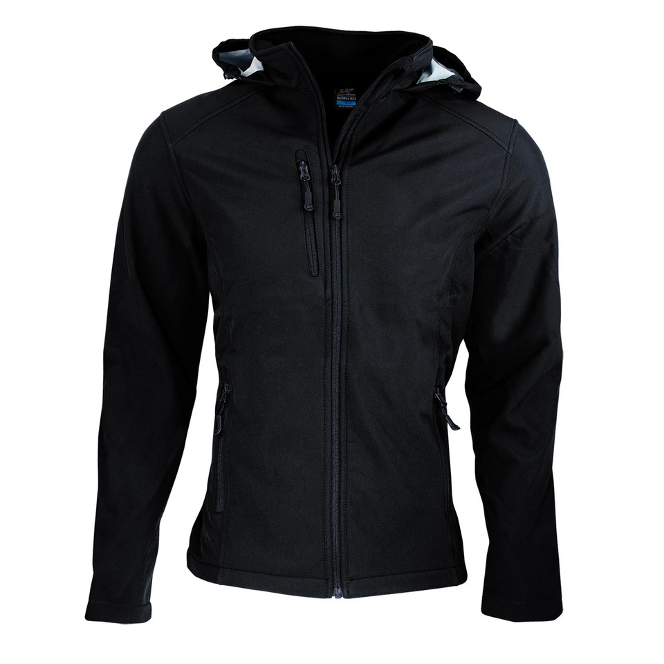Black hooded softshell jacket with full front zipper and chest pocket, bonded fleece construction