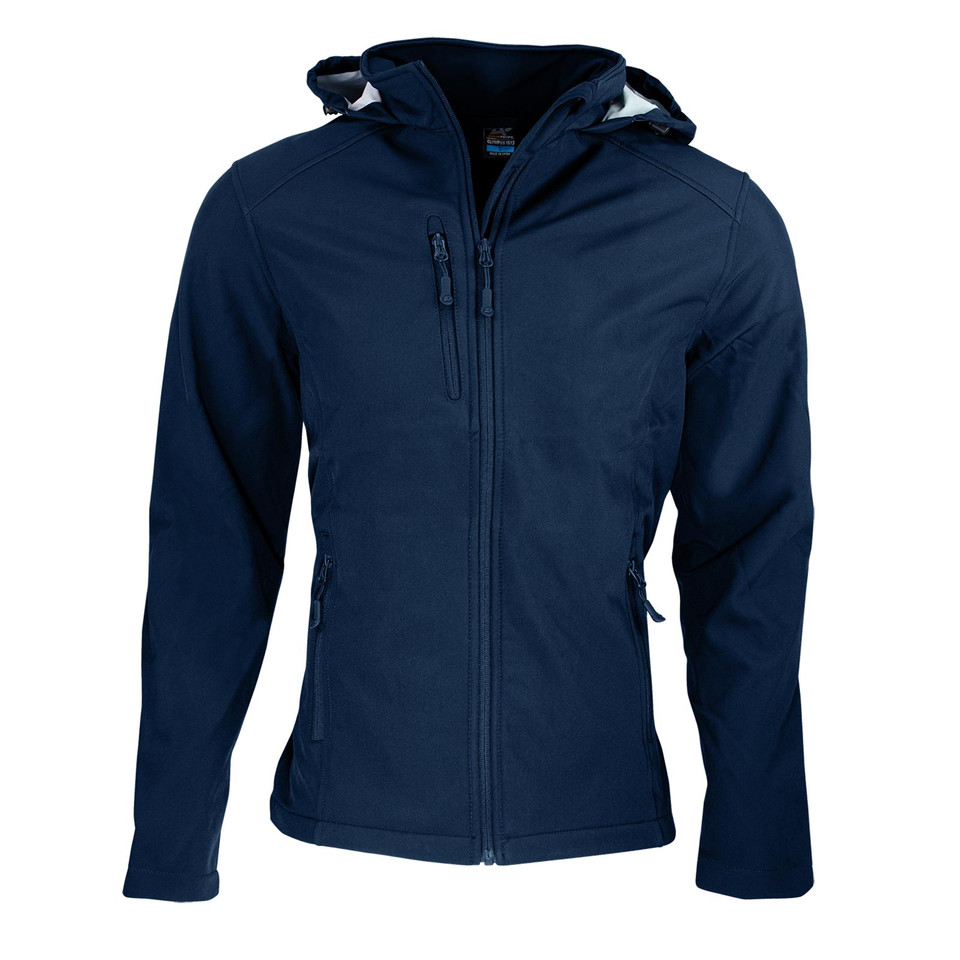 Navy hooded softshell jacket with full zip and chest pocket, featuring bonded fleece lining