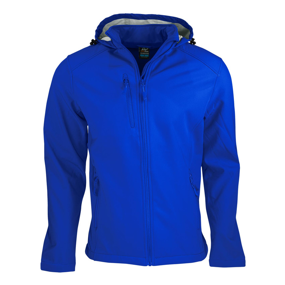 Royal blue kids softshell jacket with grey hood lining and full-length front zipper
