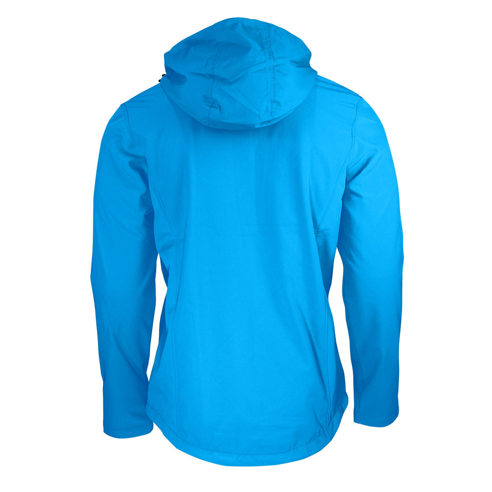 Cyan blue softshell jacket with hood shown from back, bonded fleece interior visible at neckline