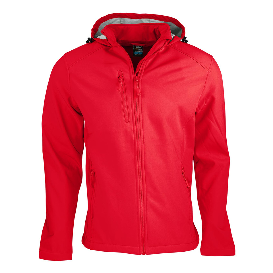 Bright red softshell jacket with grey hood lining and full-length zip, water repellent finish