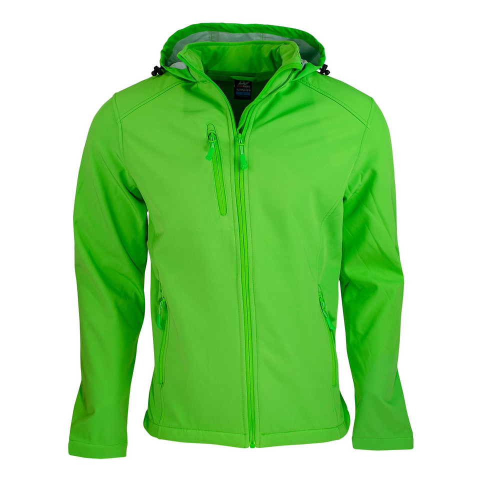 Lime green kids softshell jacket with hood, full front zipper and chest pocket