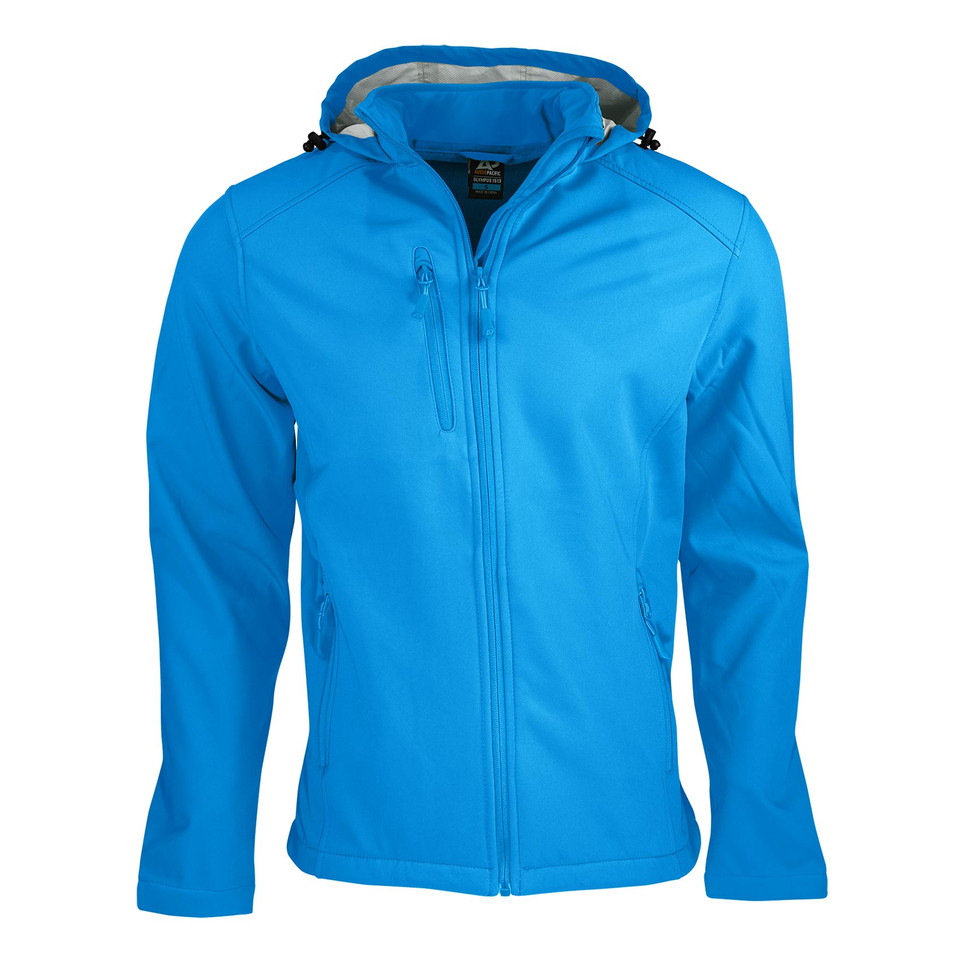 Cyan blue kids softshell jacket with hood, chest pocket, and full-length zip, featuring grey lining