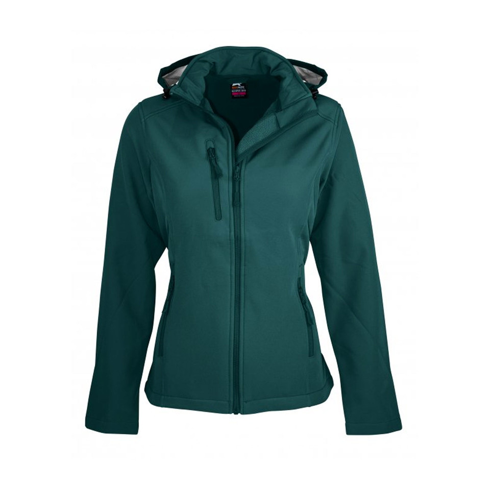 Teal water repellent softshell jacket with hood and chest pocket featuring bonded fleece lining