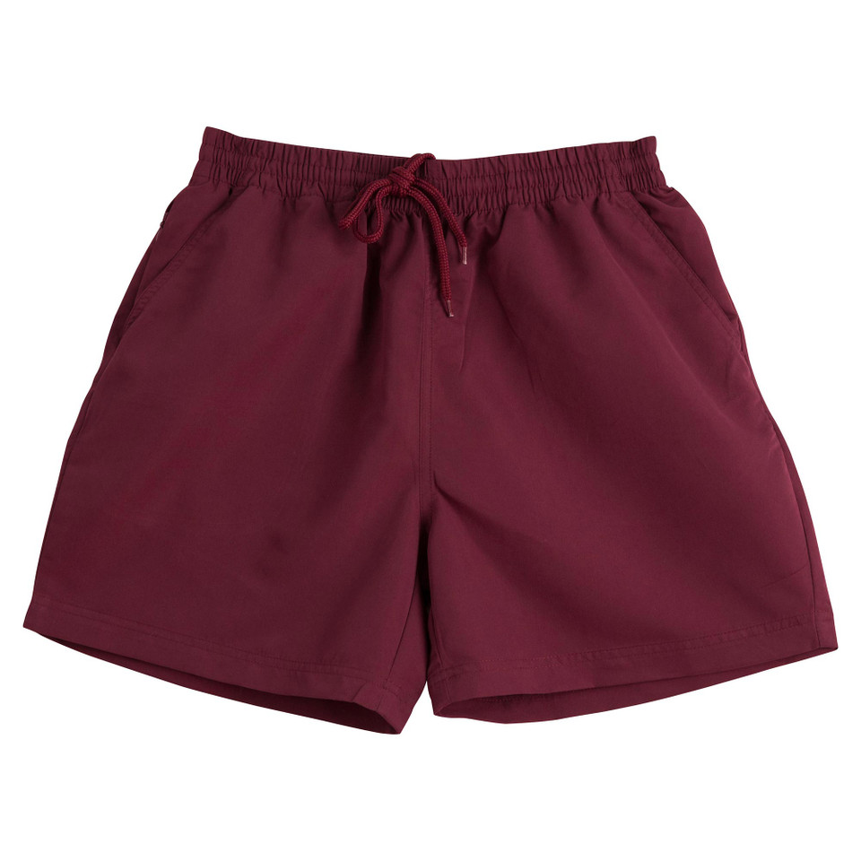 Maroon March Kids Microfibre Water Repellent Sports Shorts, a quick-dry athletic short ideal for school sports, swimming, or general active uniform wear.