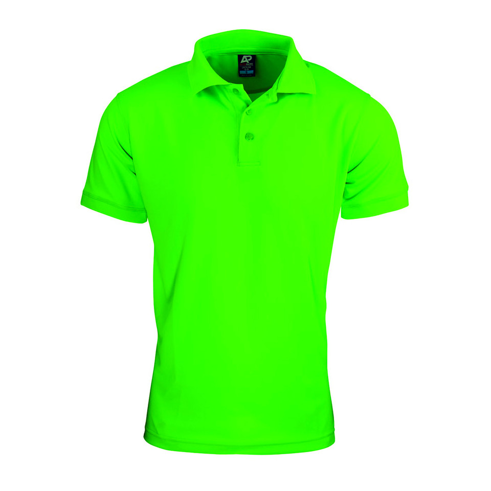 Neon green polyester polo shirt with honeycomb textured knit and collar