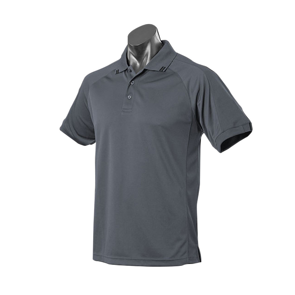 Charcoal grey polo shirt with button placket and self-fabric collar on mannequin