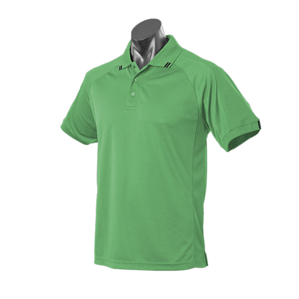 Kelly green polo shirt with textured birdseye knit fabric and contrasting charcoal trim on collar