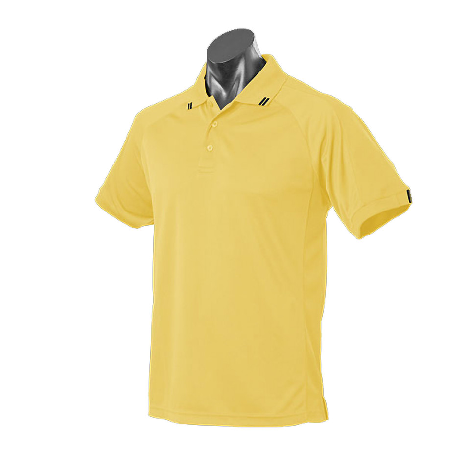 Lemon yellow polo shirt with textured birdseye knit fabric and contrast navy tipping on collar