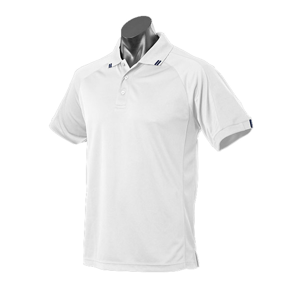 White+Navy FINERY Men's Polo Shirt featuring a breathable Birdseye knit and Driwear technology for superior moisture wicking, styled with a classic collar for corporate and hospitality uniforms.