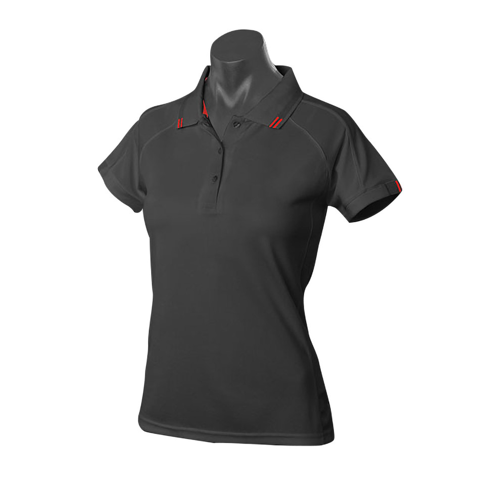 Black+Red Plain Finery ladies short-sleeve polo shirt in birdseye knit DriWear fabric, featuring moisture-wicking, quick-drying, and anti-bacterial properties for women's sports and team uniforms.