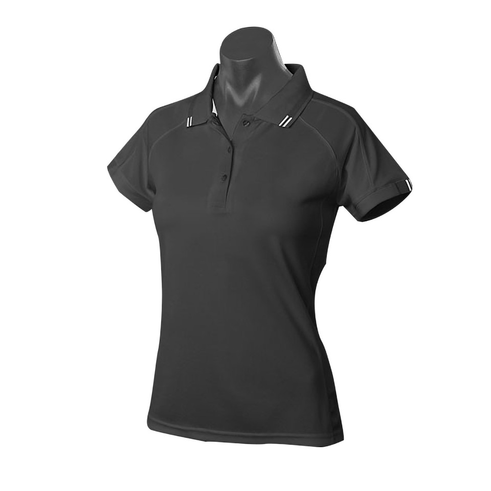 Charcoal grey ladies polo shirt with white contrast trim on collar and sleeves
