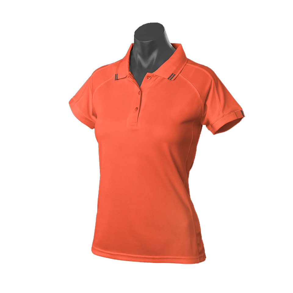 Coral orange ladies polo shirt with short sleeves, button placket and contrast charcoal detailing on collar