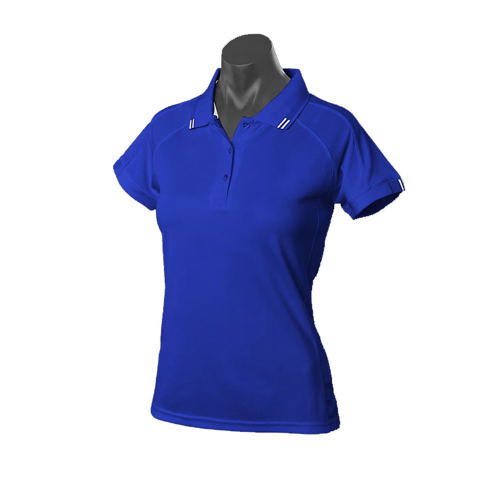 Royal blue ladies polo shirt with white contrast piping on collar and sleeves