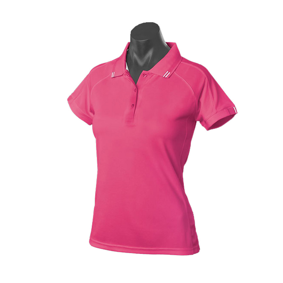 Hot pink ladies polo shirt with white contrast tipping on collar and raglan sleeves
