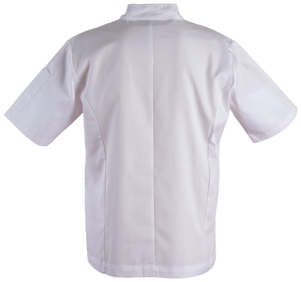White short sleeve chef jacket rear view showing centre back seam and side panels
