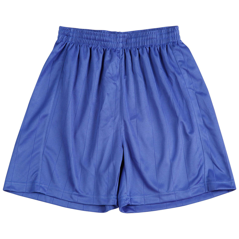 Royal blue kids soccer shorts with elasticated waistband and side panels in moisture-wicking fabric