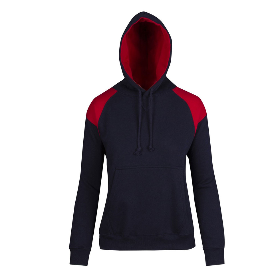 Navy hoodie with red contrast raglan sleeves and hood lining featuring front kangaroo pocket